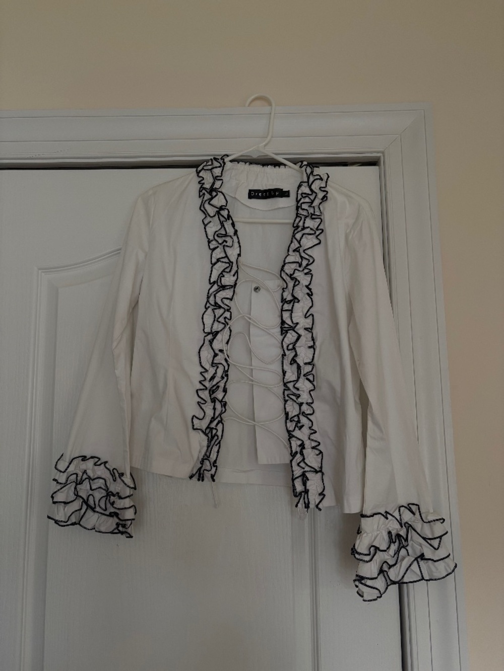 Dressup White Ruffle Lace Up Blouse Coquette Black Contrast Trim Size L